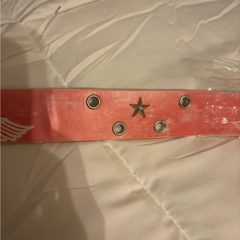 Harley-Davidson Coral Pink Leather Belt with White Logo appr. 36” long NWT